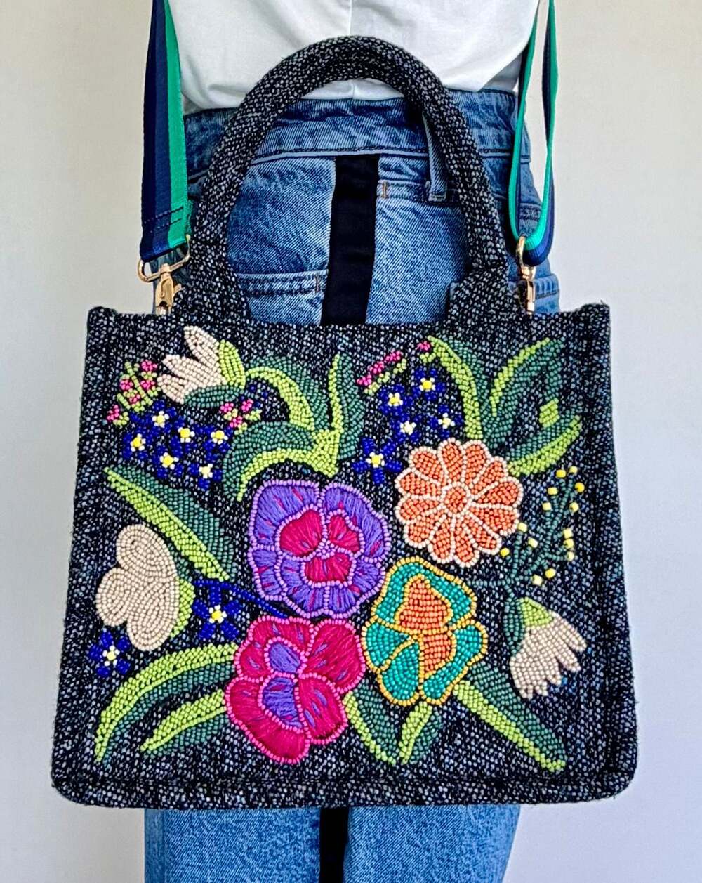 America & Beyond Beaded Floral Petite Tote Bag with Crossbody Strap